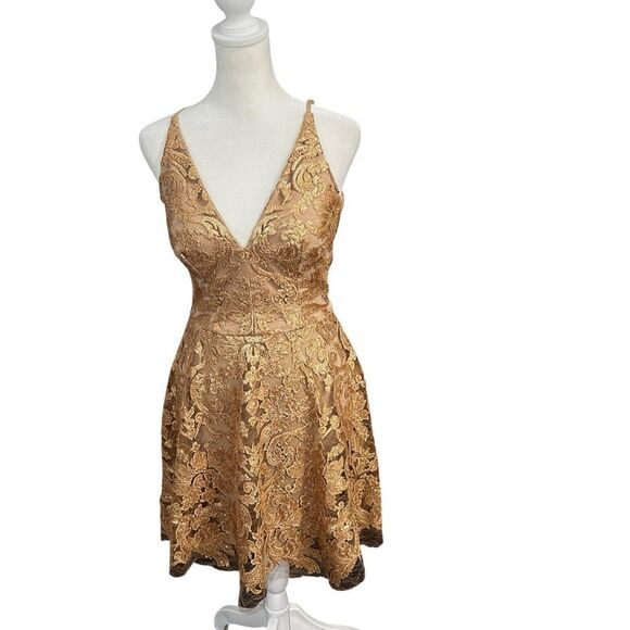 Dress the Population Fit & Flare Gold Lace Sequin Cocktail Mini Dress Size Small - Picture 2 of 8